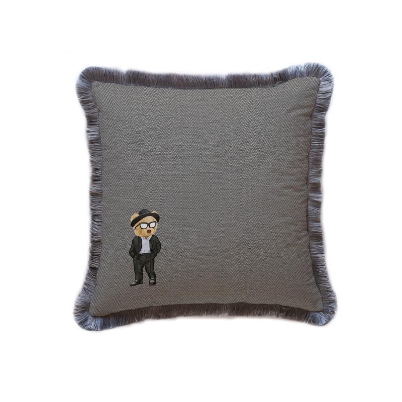Luxury Velvet Decorative Cushion - Grey Cushion with Bear & Sunglasses Design (45 × 45 cm)