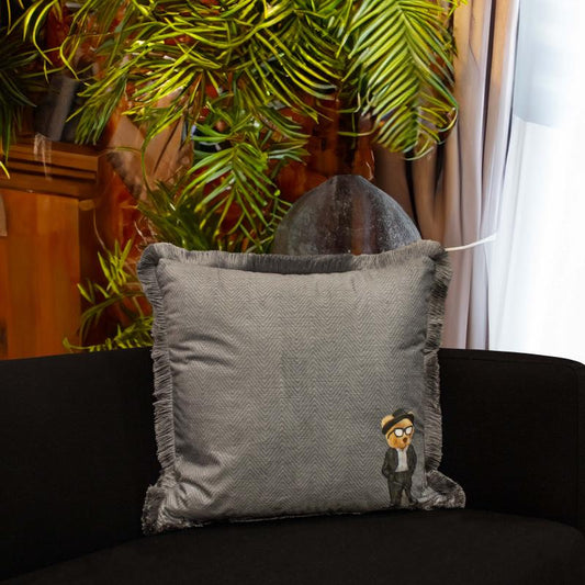 Luxury Velvet Decorative Cushion - Grey Cushion with Bear & Sunglasses Design (45 × 45 cm)
