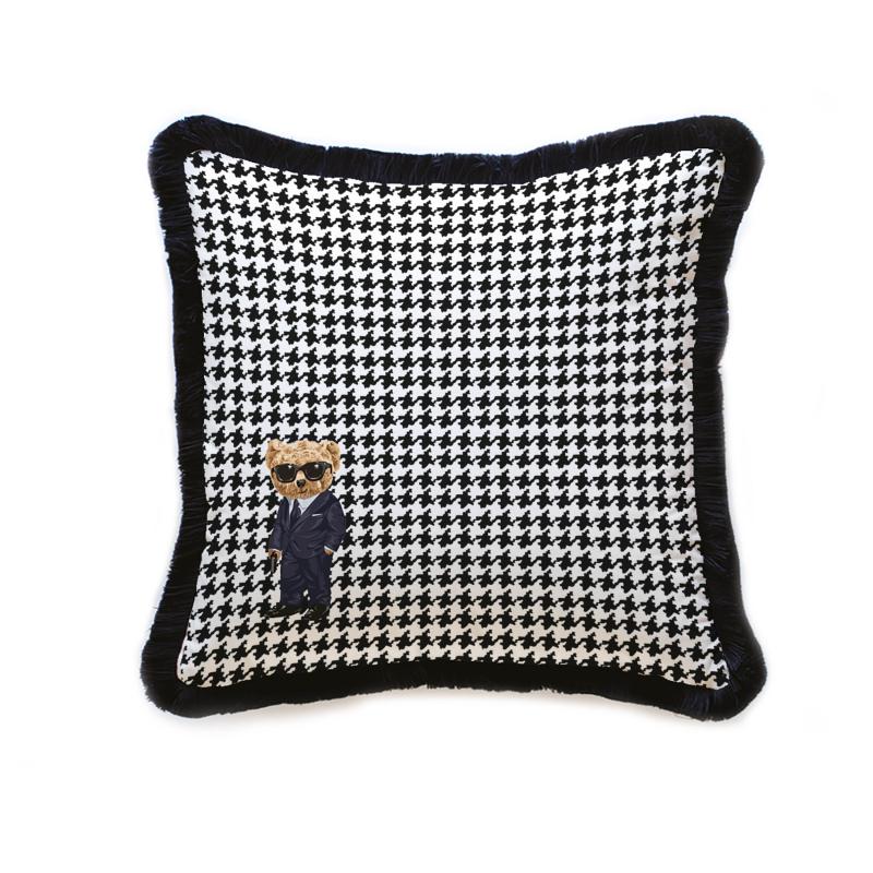 Luxury Velvet Decorative Cushion - Black & White Pattern with Bear Design (45 × 45 cm)