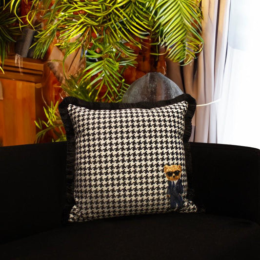Luxury Velvet Decorative Cushion - Black & White Pattern with Bear Design (45 × 45 cm)