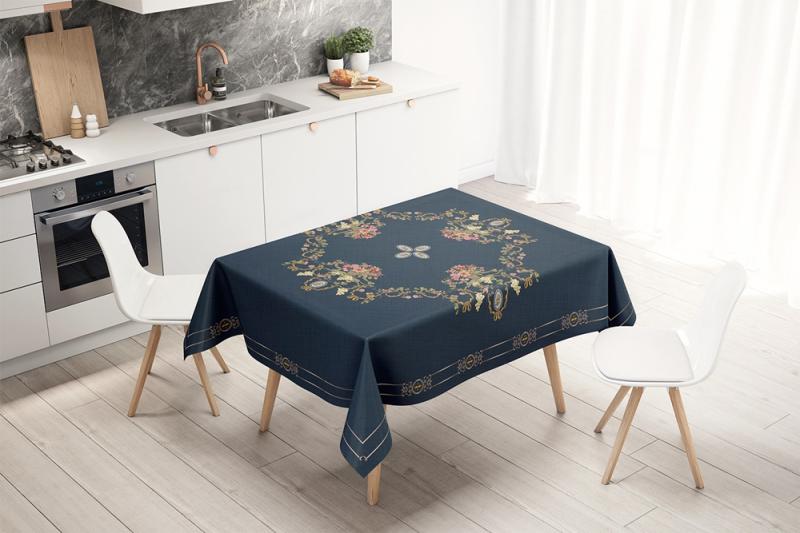 Navy Blue Classical Floral Fine Linen Table Cloth
